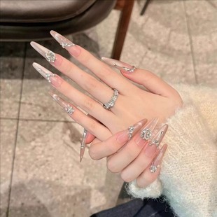 原创手工冰透裸粉长尖型穿戴甲美甲片SML全码 可选送果冻胶工具包
