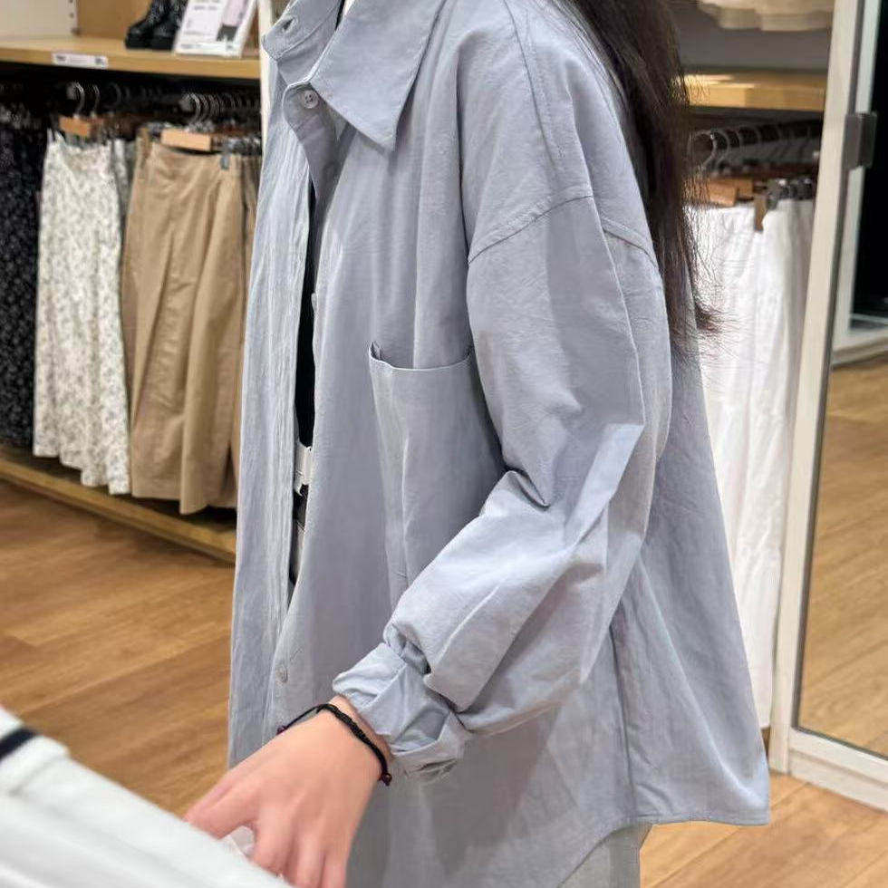 100%棉正肩纯色衬衫女夏季薄款宽松遮肉显瘦衬衣外穿开衫长袖上衣