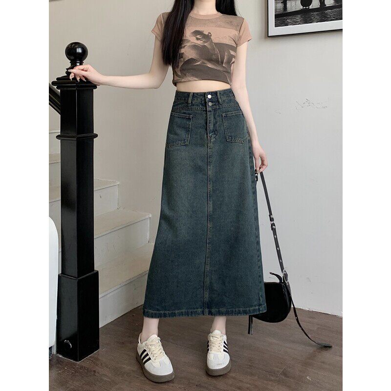 覆古开叉牛仔半身裙女春夏新款大尺码a字高腰遮胯梨型身材中长裙