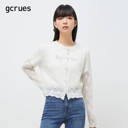 gcrues镂空蕾丝毛衣开衫女短款上衣2024春装新款小个子针织衫外套