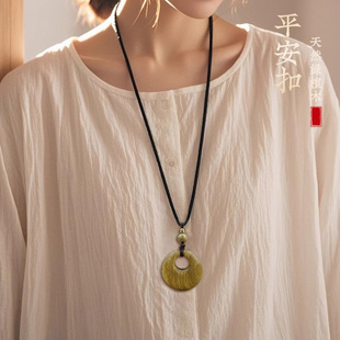 平安扣吊坠项链天然绿檀木朱砂珠子编制长款毛衣链送同学爱人孩子