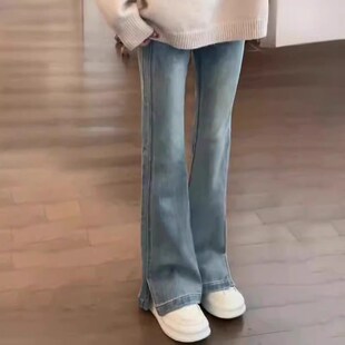 浅蓝色开叉微喇牛仔裤女2025秋冬加绒大码胖mm高腰弹力喇叭拖地裤