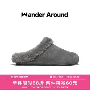 Wander around2026春季新款厚底增高加绒勃肯鞋复古休闲毛拖女