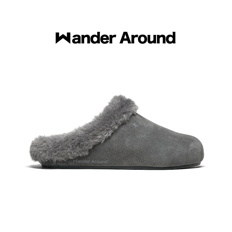 Wander around厚底增高牛皮绒面革加绒勃肯鞋复古休闲懒人毛拖女