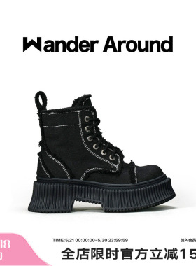 Wander Around漫行宝莉靴2024年爆款春夏黑色帆布马丁靴百搭短靴