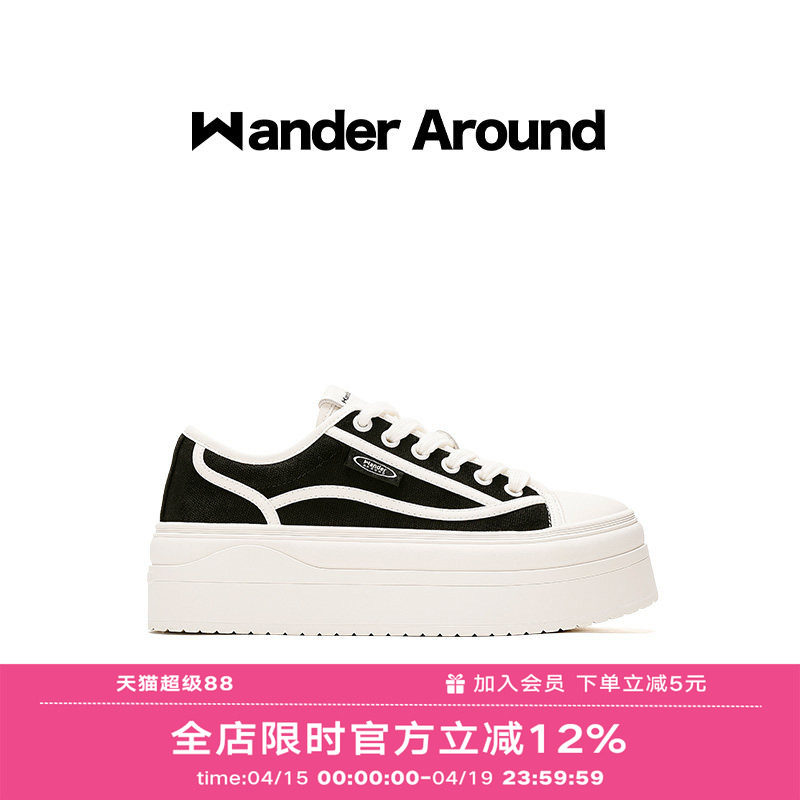 Wander around夏季薄款厚底增高6CM休闲百搭黑色帆布鞋女