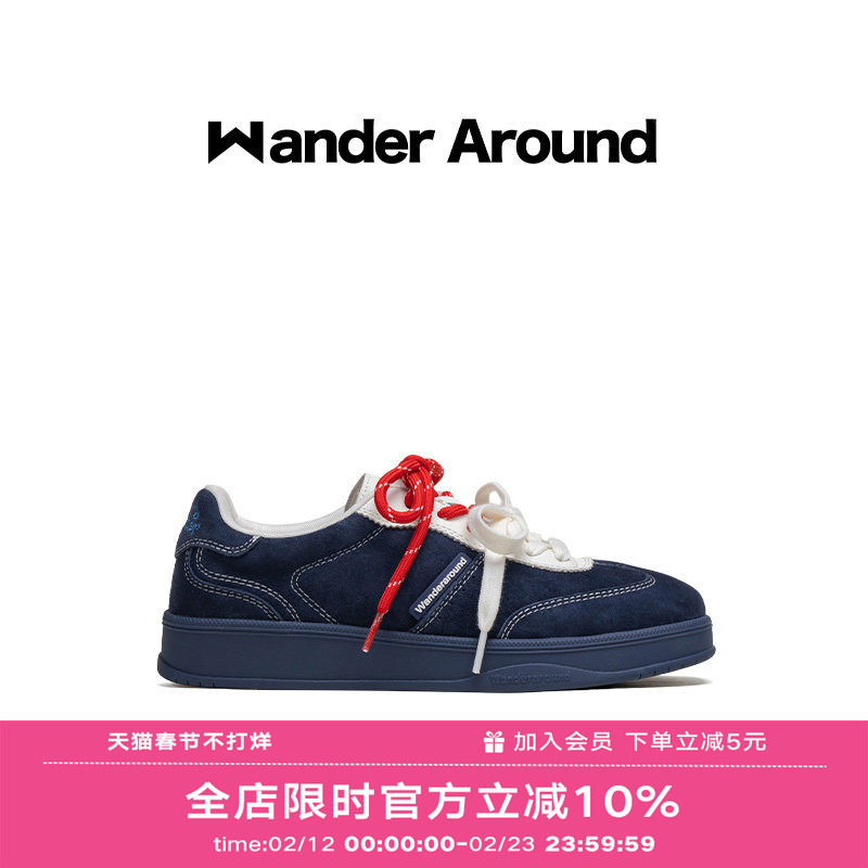 Wander around2025秋季新款藏青拼色厚底增高休闲鞋复古德训鞋女