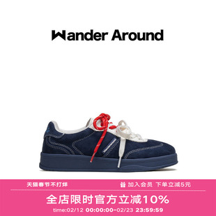 Wander around2025秋季新款藏青拼色厚底增高休闲鞋复古德训鞋女