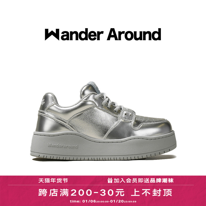 Wander around漫行2024春秋新款冰川银厚底增高板鞋低帮休闲鞋女