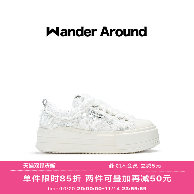 Wander around2025年秋季新款云朵系列白色羽毛厚底增高帆布鞋女