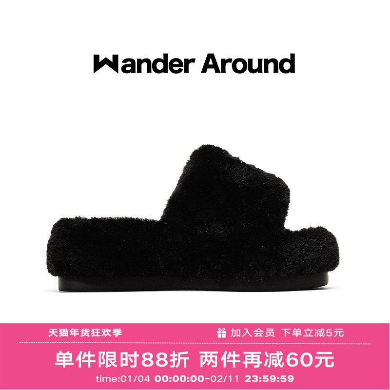 Wander around漫行2025冬季新款厚底增高黑色毛毛拖鞋女,女鞋,毛毛鞋,淘宝优惠券,粉丝福利购,淘宝优惠卷