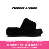 Wander 女 厚底增高黑色毛毛拖鞋 around漫行2025冬季 新款
