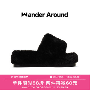 Wander around漫行2025冬季新款厚底增高黑色毛毛拖鞋女