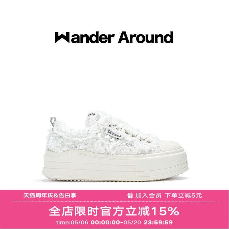 Wander around2025年秋季新款云朵系列白色羽毛厚底增高帆布鞋女