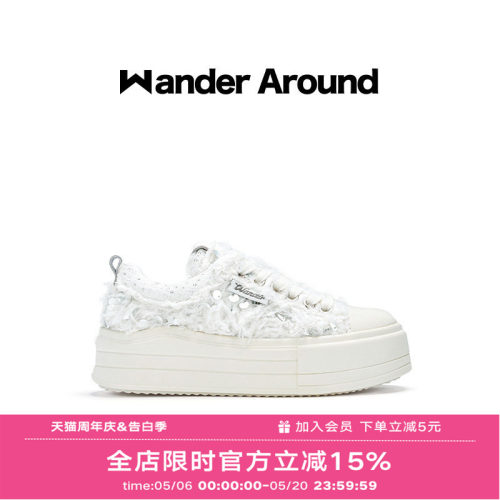 Wander around2025年秋季新款云朵系列白色羽毛厚底增高帆布鞋女