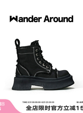 Wander Around漫行宝莉靴2024年爆款春夏黑色帆布马丁靴百搭短靴