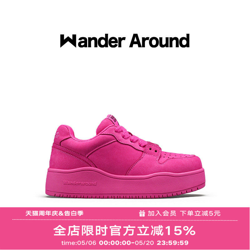 【明星同款】Wander Around 春秋玫红色厚底增高休闲板鞋男女同款