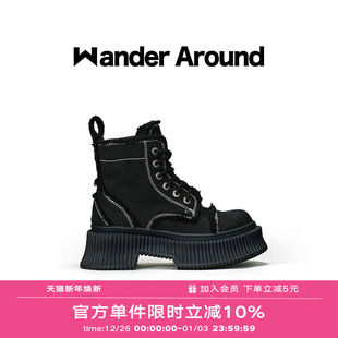 Wander 春夏黑色帆布马丁靴百搭短靴 Around漫行宝莉靴2024年爆款