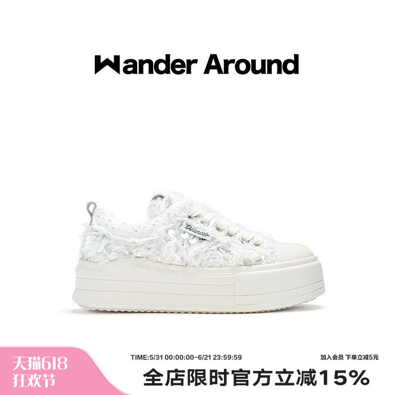 Wander around2025年秋季新款云朵系列白色羽毛厚底增高帆布鞋女