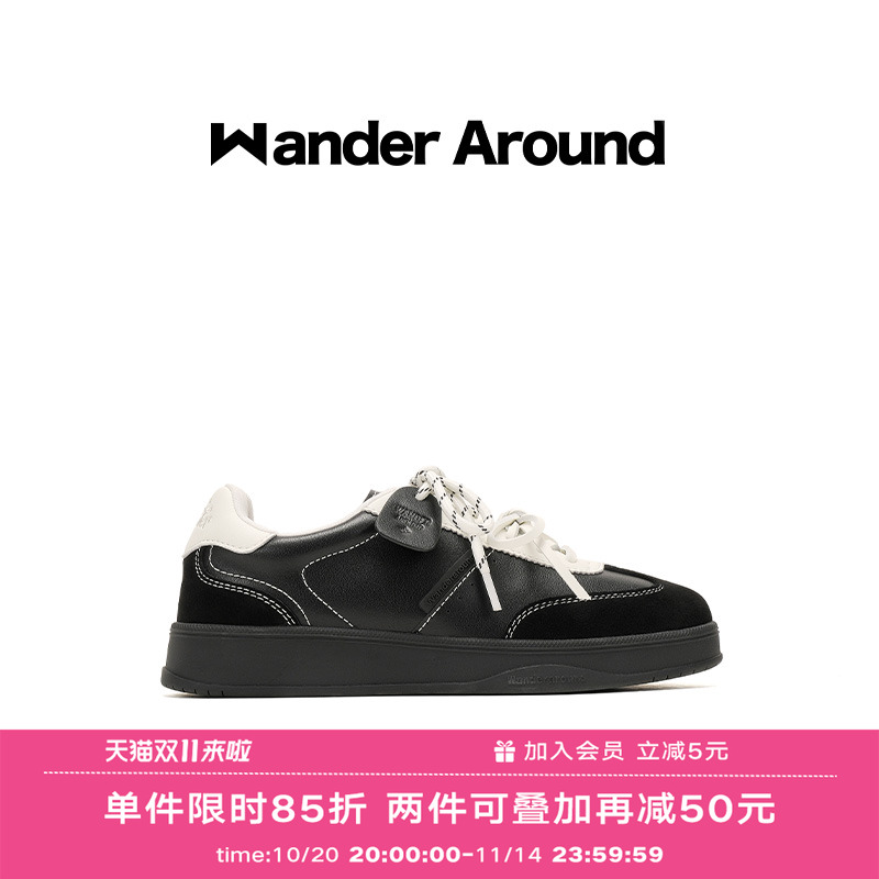 Wander around2025新款黑白拼色厚底增高休闲板鞋复古德训鞋女