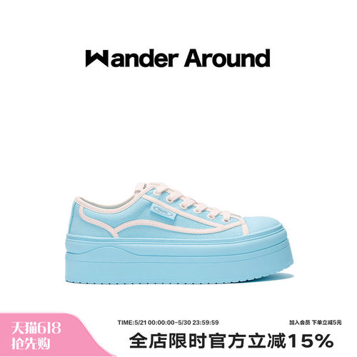 Wander around夏季薄款厚底增高6CM休闲百搭马卡龙蓝色帆布鞋女