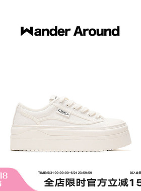 Wander around夏季薄款厚底增高6CM休闲百搭白色帆布鞋女