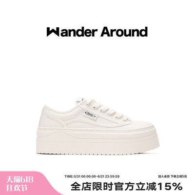 Wander around夏季薄款厚底增高6CM休闲百搭白色帆布鞋女