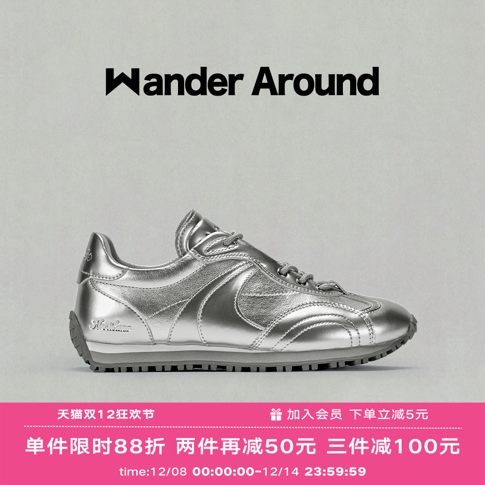 Wander around漫行春秋款LUNA系列银色厚底阿甘鞋休闲德训鞋女