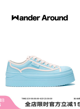 Wander around夏季薄款厚底增高6CM休闲百搭马卡龙蓝色帆布鞋女