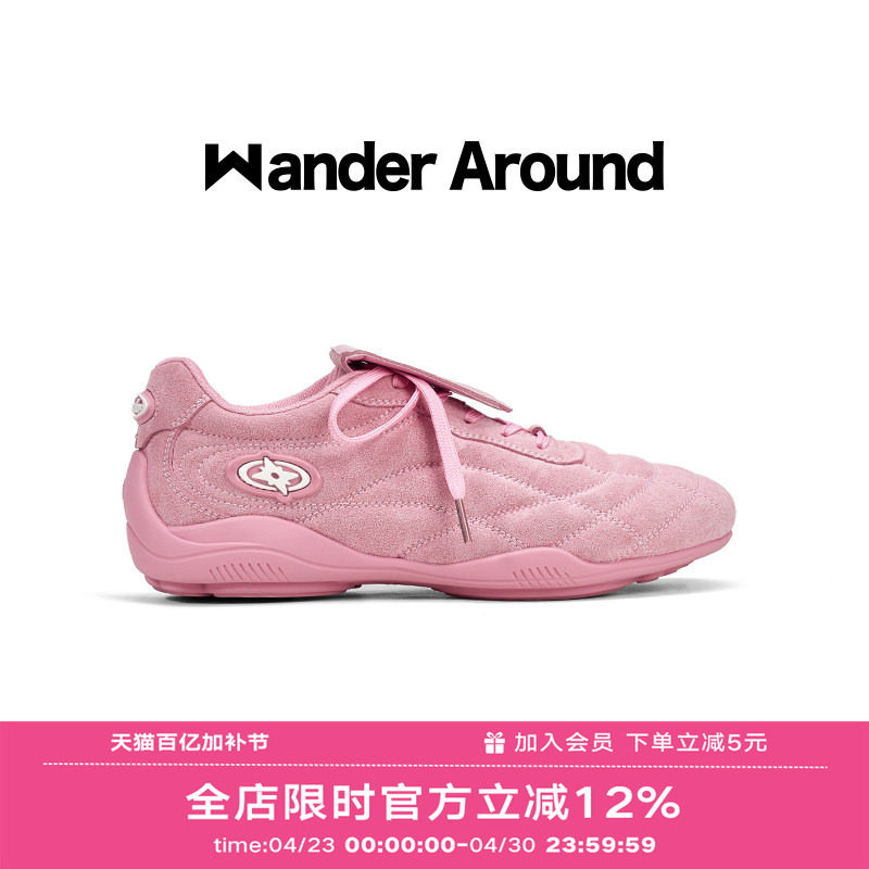 Wander around2026春秋新款粉色厚底增高足球鞋复古德训鞋女