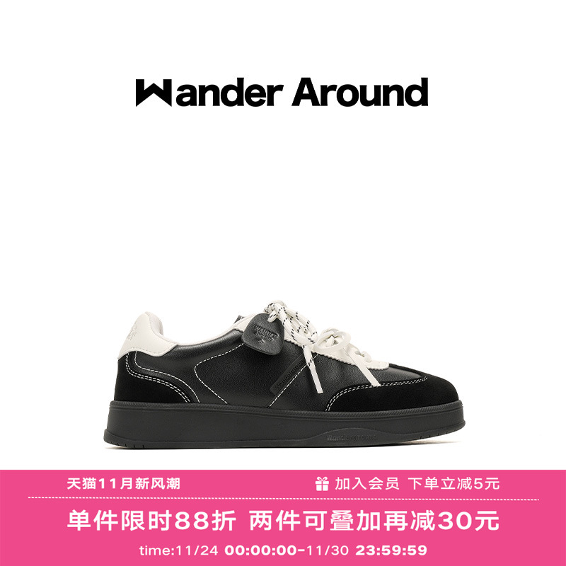 Wander around2025新款黑白拼色厚底增高休闲板鞋复古德训鞋女