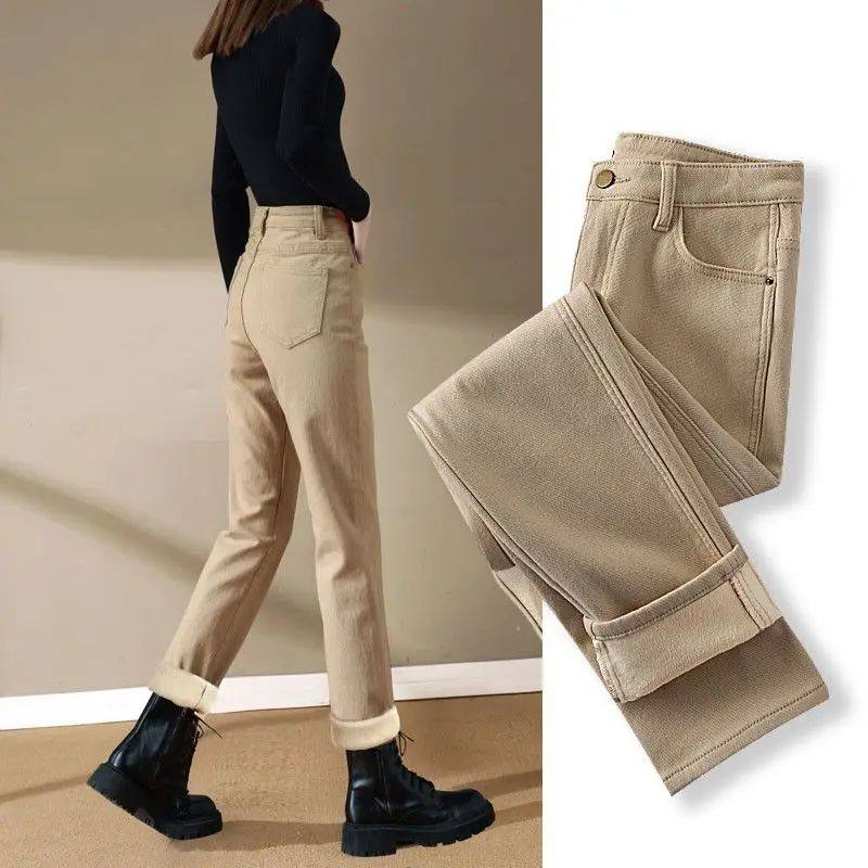 Spring Winter New Plus Velvet Women Jeans Button High Waist