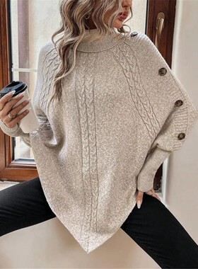 Solid Vintage Jacquard Sweater Women's Loose High Neck Pullo