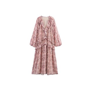 Print Summer Neck Chiffon Vintage Dress MIDI Women 2025