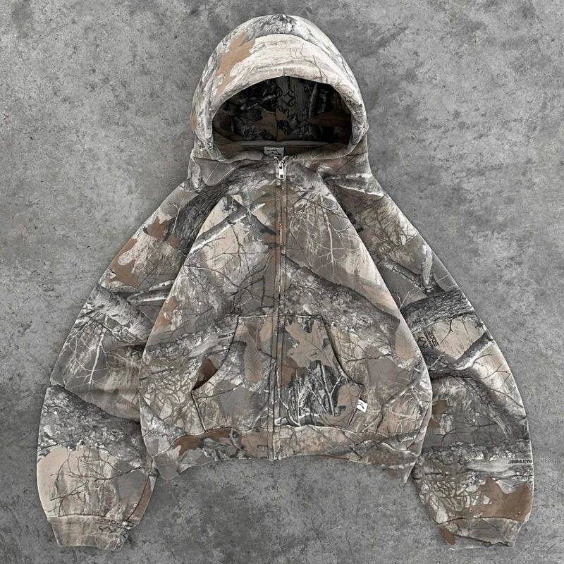 Y2K Retro Zip Up Hoodie Men Camouflage Pattern Zipper Sweats