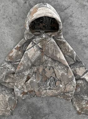 Y2K Retro Zip Up Hoodie Men Camouflage Pattern Zipper Sweats