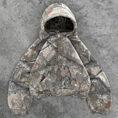 Y2K Retro Zip Up Hoodie Men Camouflage Pattern Zipper Sweats