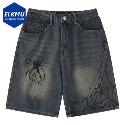 Y2K Blue Denim Shorts Spider Cobweb Printed Summer Loose Cas