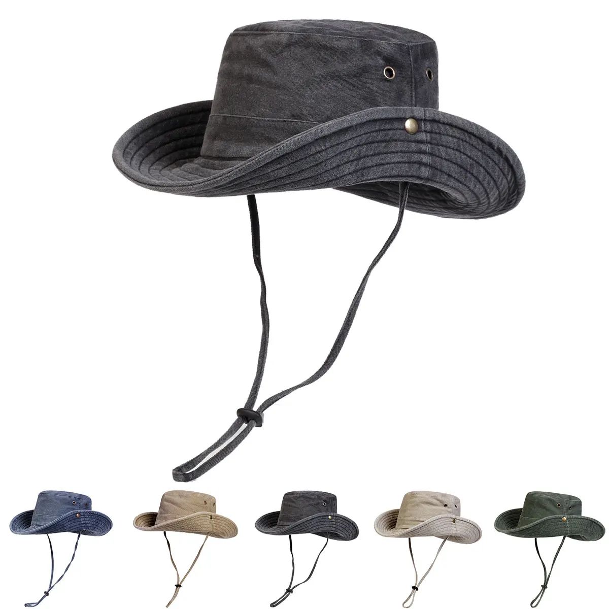 Men Big Eaved Washed Bucket Hats Fishermen Caps Outdoor Casu