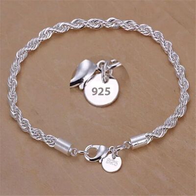 925 Sterling Silver 4MM Twisted Rope Bracelets For Women Men