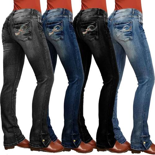 Women Jeans Distressed Straight Pants Low Waist Pockets Butt