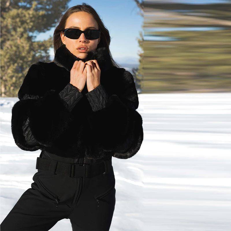 Windproof Ski Suit Winter Women Thicken Faux Fur Patchwork J