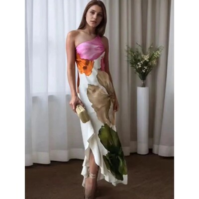 Zevity Women Sexy Single Shoulder Floral Print Slim Long Dre