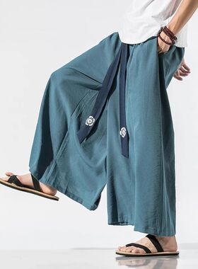 2024 Men Wide Leg Pants Mens Cotton Joggers Retro Loose Trou