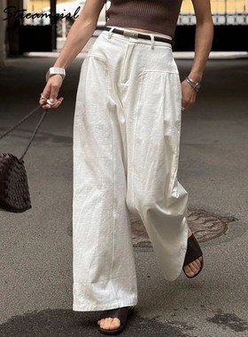 White Cotton Linen Pants Women Wide Leg Formal Trousers Summ