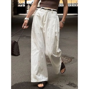 White Cotton Linen Pants Women Wide Leg Formal Trousers Summ