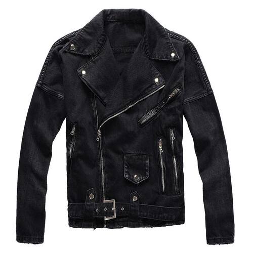 Sokotoo Men's zippers black biker jean jacket Streetwear thi