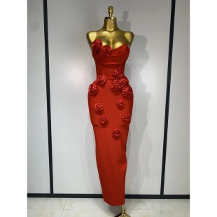 Sexy Strapless Midi Newest Flower Women Red 2025 Backless