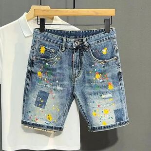Slim Denim Short Male Ripped Blue Graffiti Pants Jeans Men
