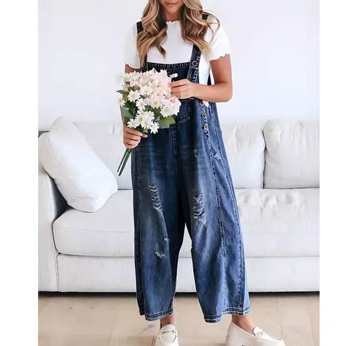 Women Denim Jumpsuits and Rompers Vintage Ripped Hole Wide L